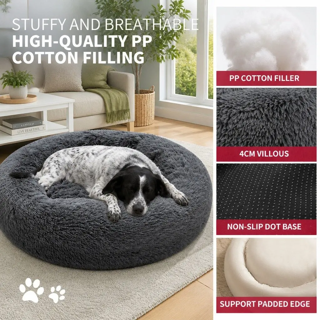 Round Plush Calming Pet Bed Polyester 90cm Dark Grey