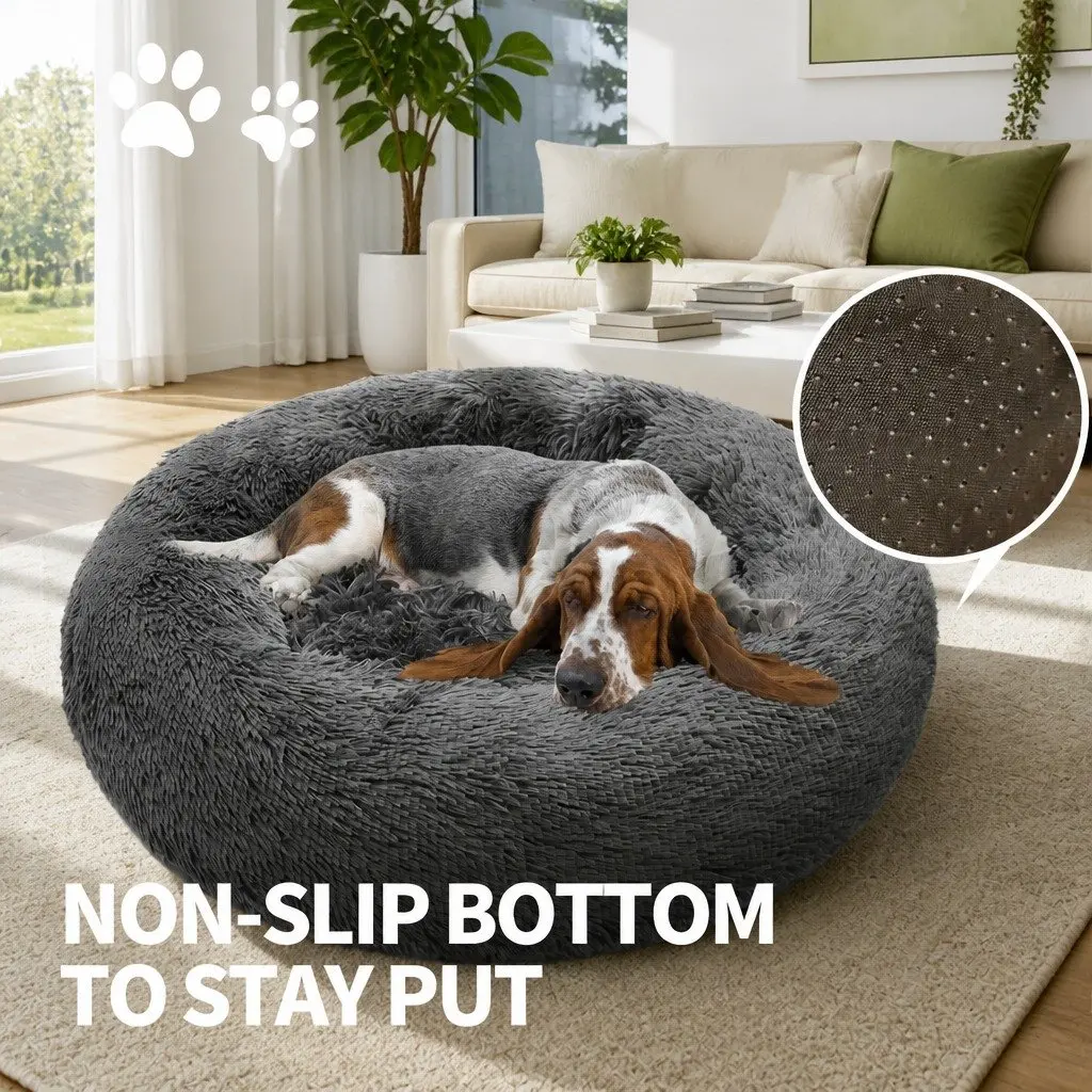 Round Plush Calming Pet Bed Polyester 90cm Dark Grey
