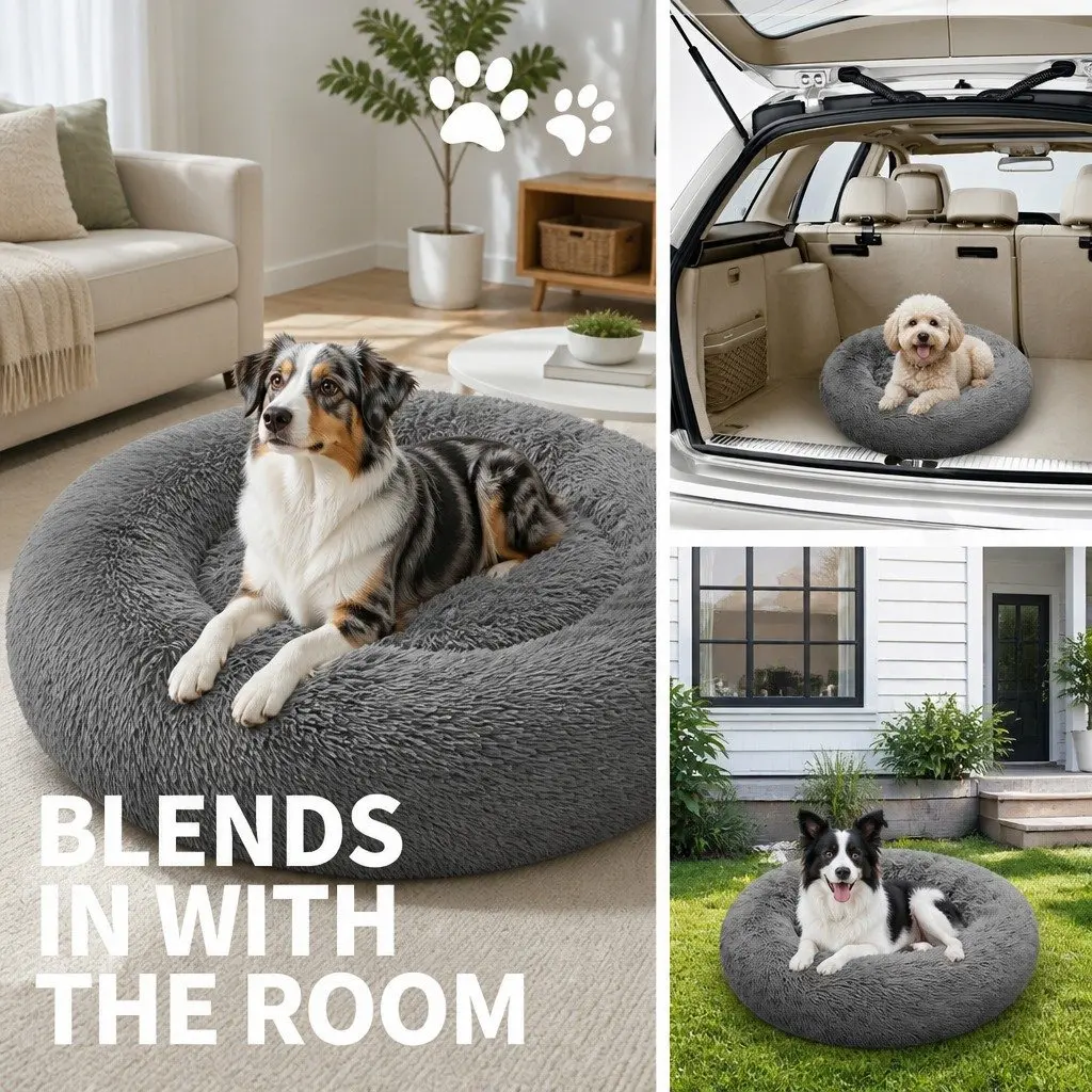 Round Plush Calming Pet Bed Polyester 90cm Dark Grey