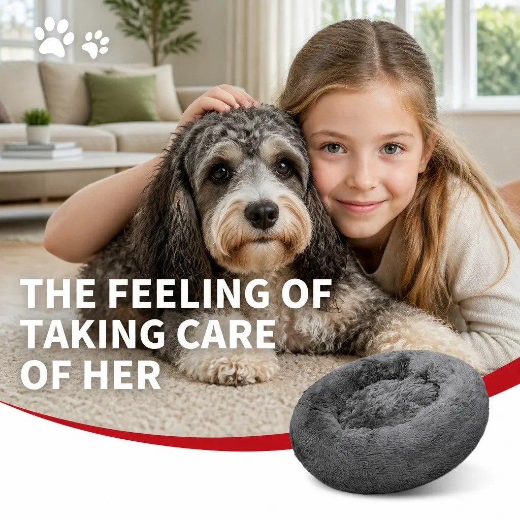 Round Plush Calming Pet Bed Polyester 90cm Dark Grey