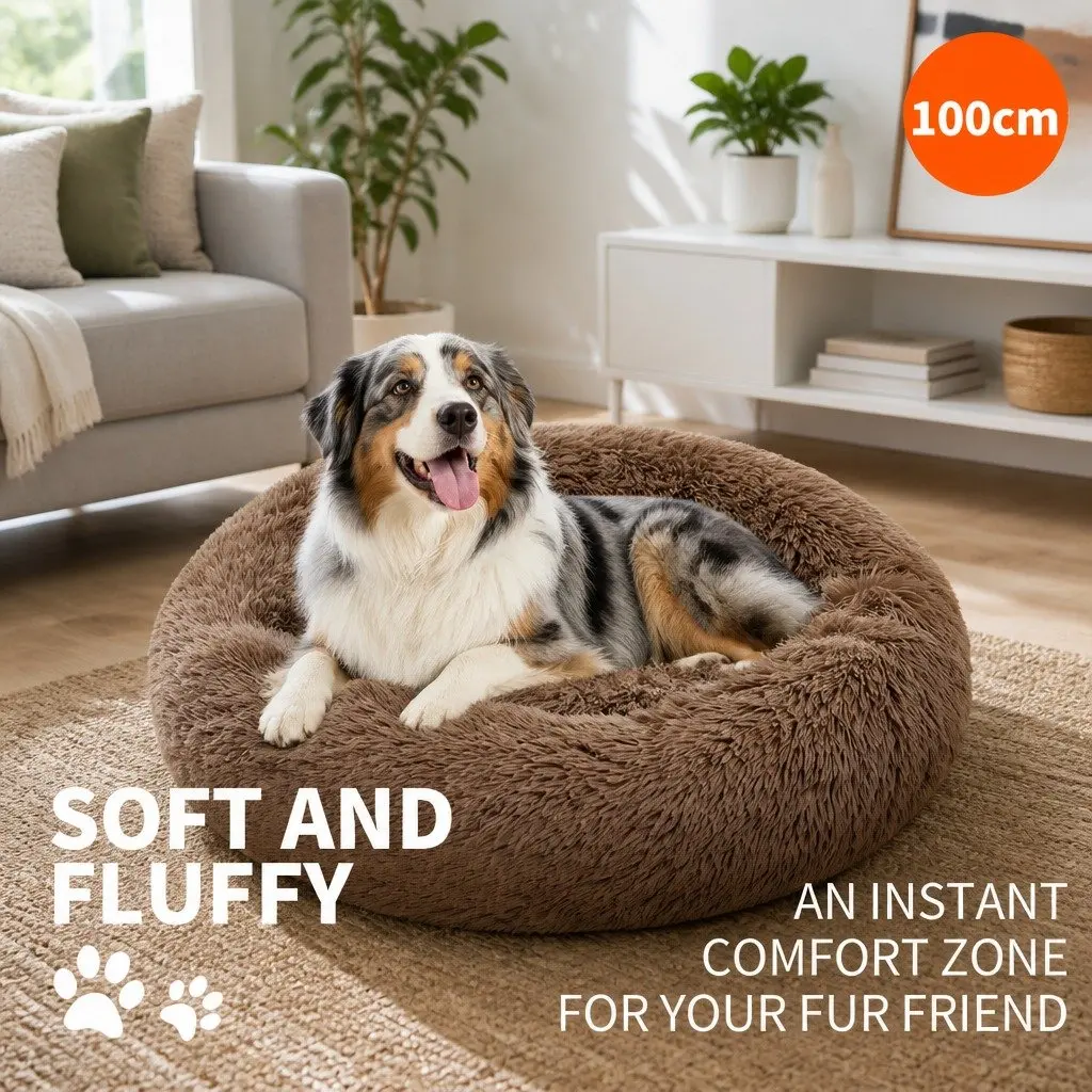 XL Round Dog Bed Polyester 100cm Light Coffee Soft Pet Nest Sleeping Mat
