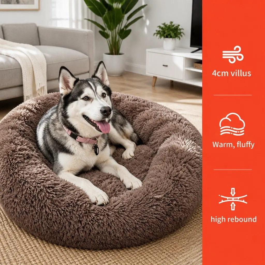 XL Round Dog Bed Polyester 100cm Light Coffee Soft Pet Nest Sleeping Mat