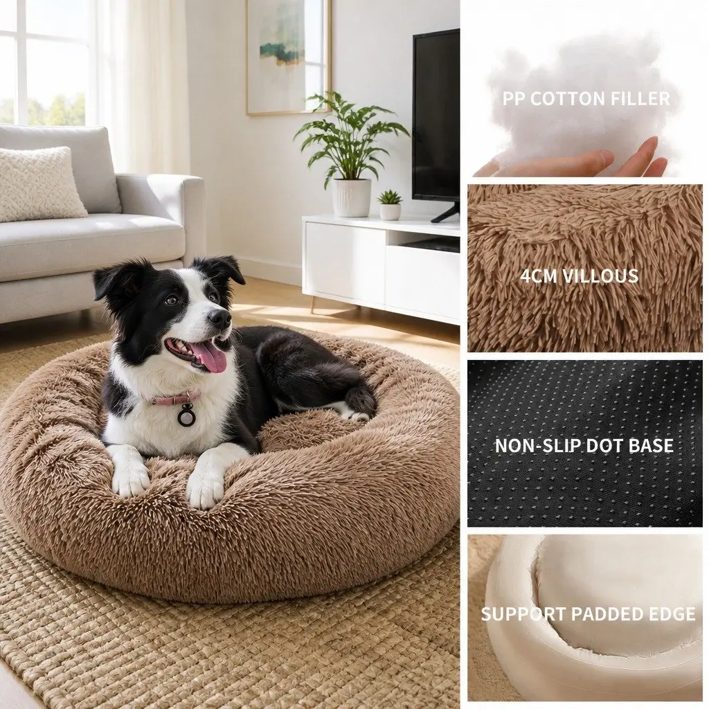 XL Round Dog Bed Polyester 100cm Light Coffee Soft Pet Nest Sleeping Mat