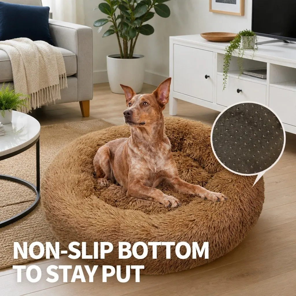XL Round Dog Bed Polyester 100cm Light Coffee Soft Pet Nest Sleeping Mat