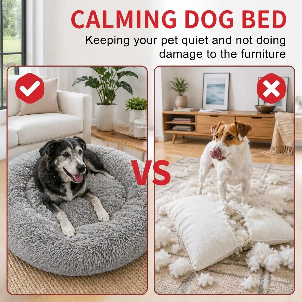 XL Round Dog Bed Warm Plush Pet Nest Comfort Kennel Light Grey 100cm