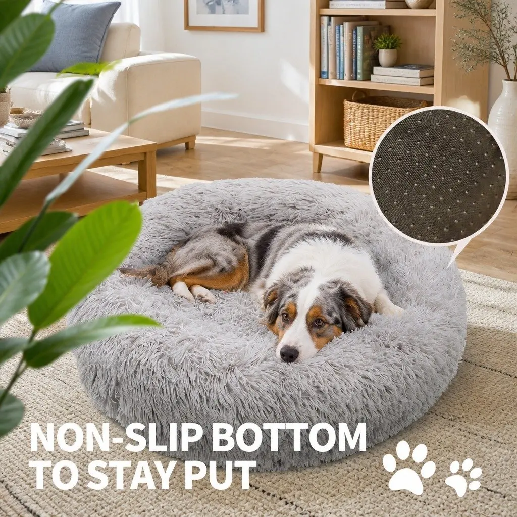 XXL Dog Bed Plush Round Nest Soft Polyester Light Grey 120x120x20cm