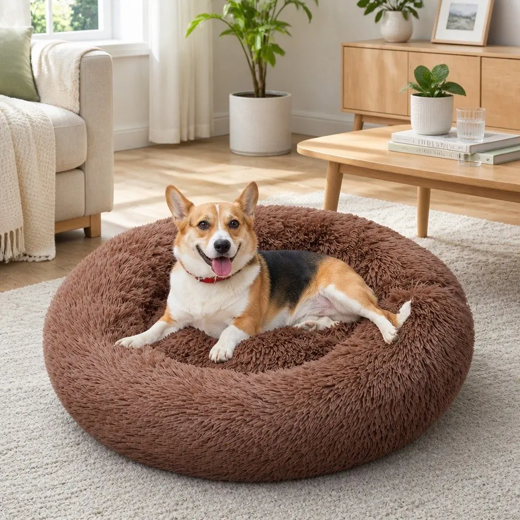 Dog Bed Round Plush Nest M 70cm Diameter Coffee