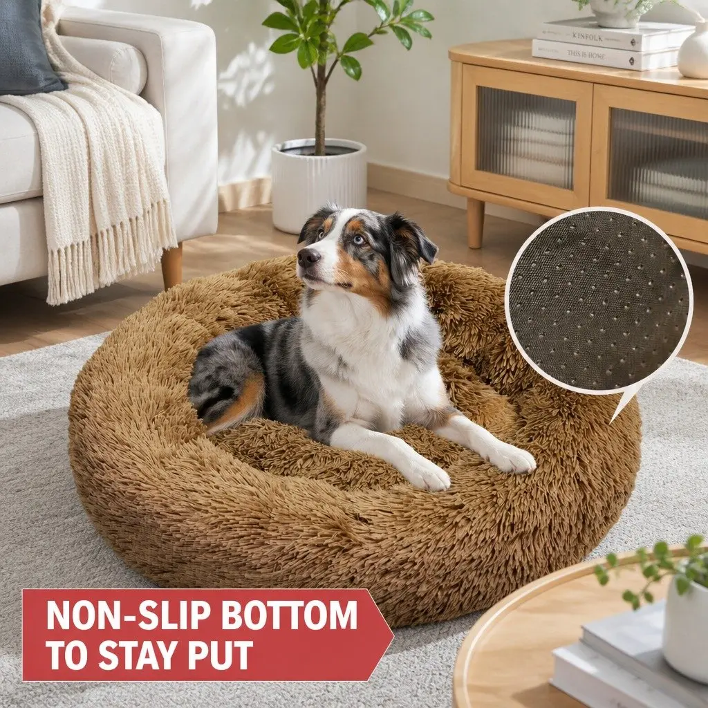 Dog Bed Round Plush Nest M 70cm Diameter Coffee