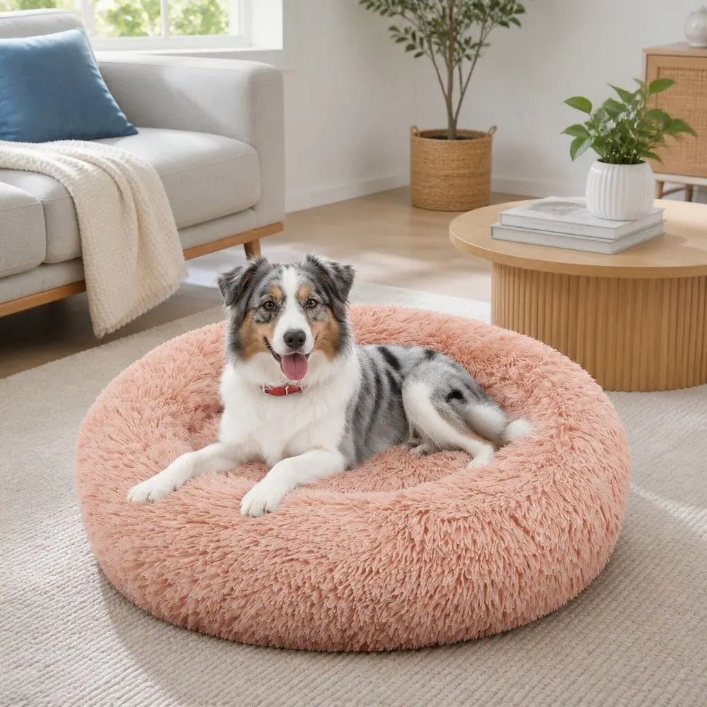 Round Pet Dog Bed Warm Plush Nest Comfortable Sleep Kennel M 70cm Pink