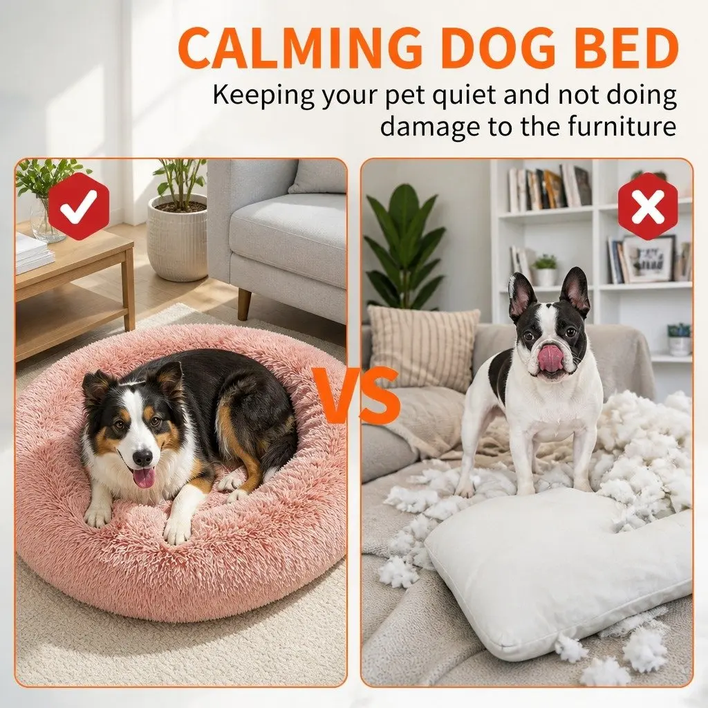 Round Pet Dog Bed Warm Plush Nest Comfortable Sleep Kennel M 70cm Pink