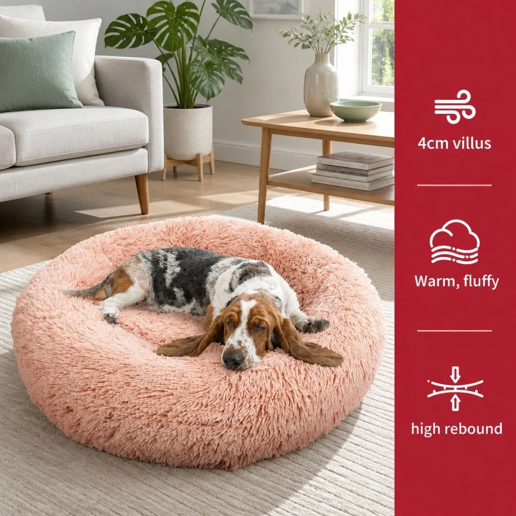 Round Pet Dog Bed Warm Plush Nest Comfortable Sleep Kennel M 70cm Pink