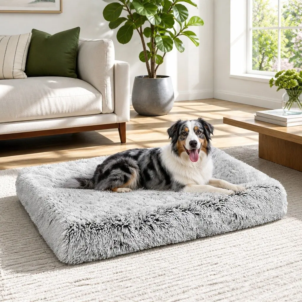 Pet Bed Fluffy Plush Soft Washable L Size Grey Non-Slip Waterproof for Indoor Outdoor Use