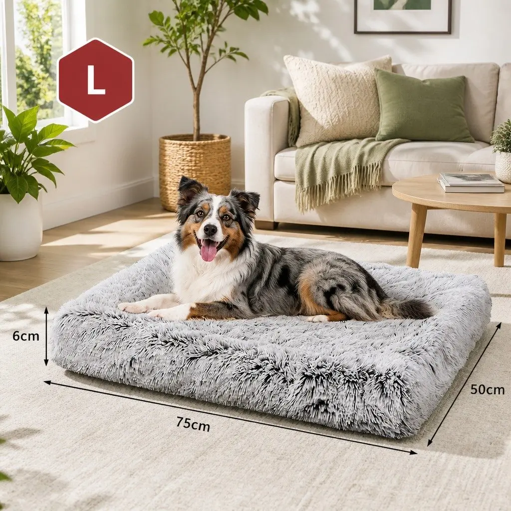 Pet Bed Fluffy Plush Soft Washable L Size Grey Non-Slip Waterproof for Indoor Outdoor Use