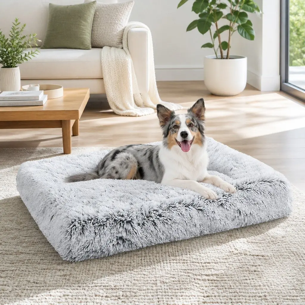 Pet Bed Fluffy Plush Soft Washable L Size Grey Non-Slip Waterproof for Indoor Outdoor Use