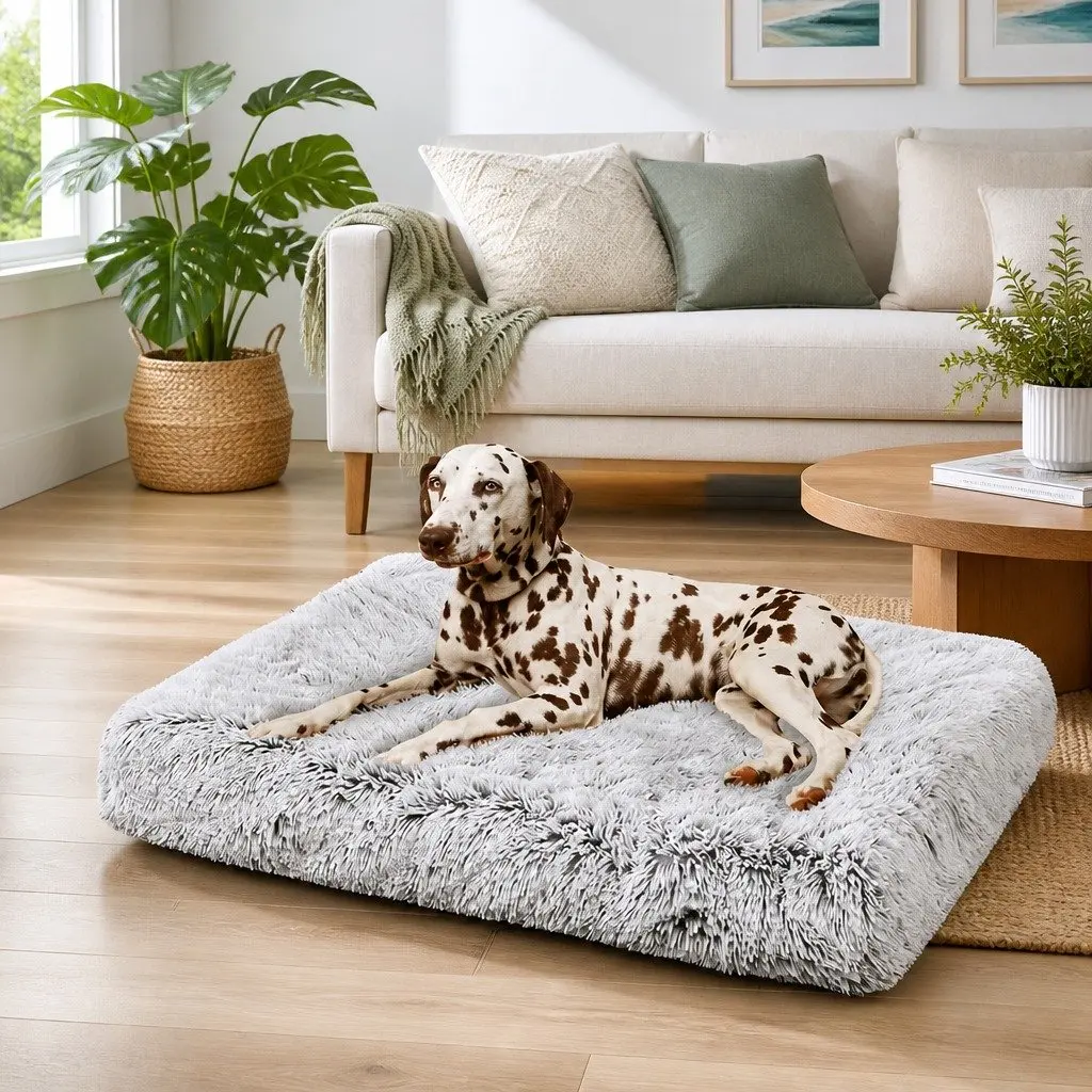 Pet Bed Fluffy Plush Soft Washable L Size Grey Non-Slip Waterproof for Indoor Outdoor Use