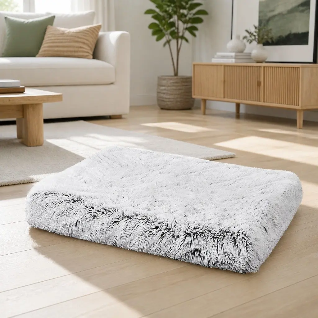 Pet Bed Fluffy Plush Soft Washable L Size Grey Non-Slip Waterproof for Indoor Outdoor Use