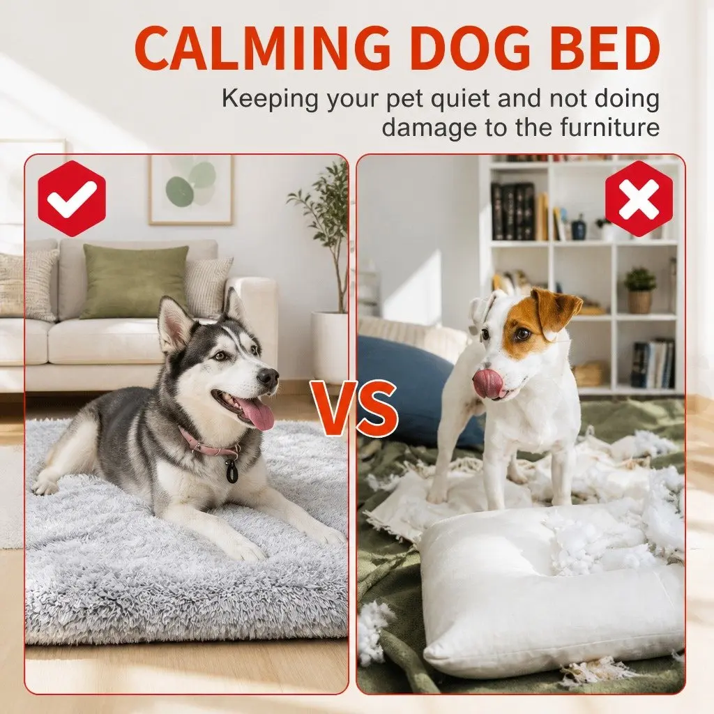 Pet Bed Fluffy Plush Soft Washable L Size Grey Non-Slip Waterproof for Indoor Outdoor Use