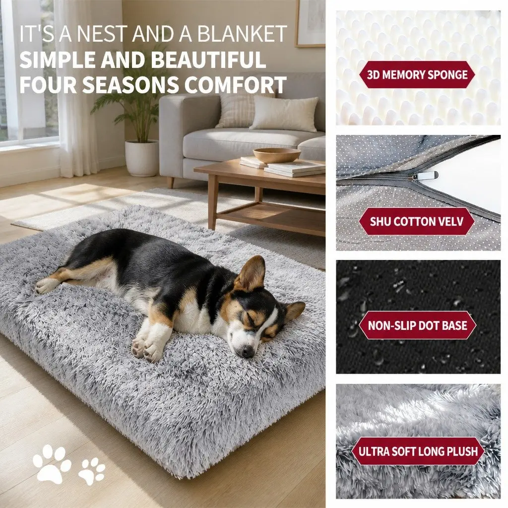 Pet Bed Fluffy Plush Soft Washable L Size Grey Non-Slip Waterproof for Indoor Outdoor Use