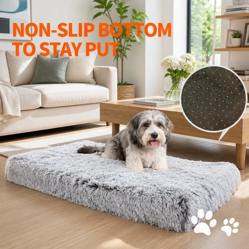 Pet Bed Fluffy Plush Soft Washable L Size Grey Non-Slip Waterproof for Indoor Outdoor Use