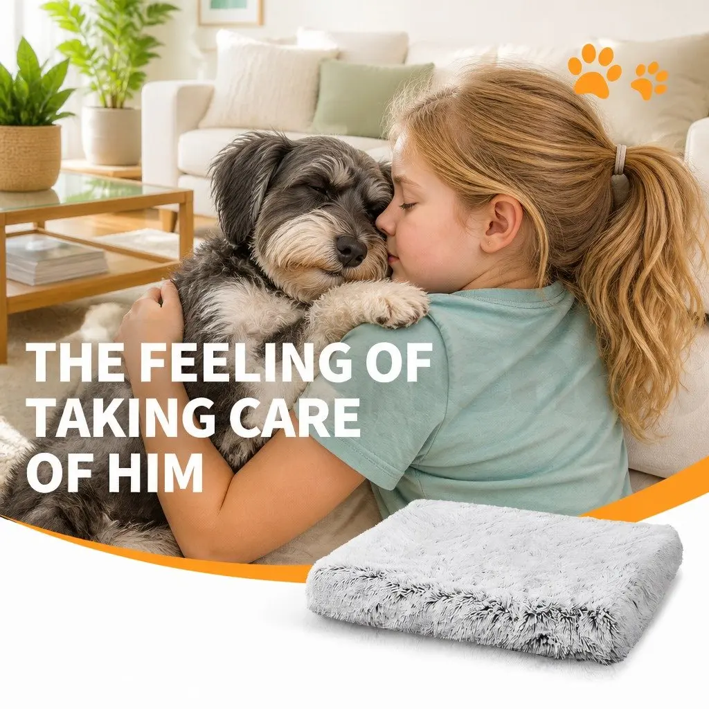 Pet Bed Fluffy Plush Soft Washable L Size Grey Non-Slip Waterproof for Indoor Outdoor Use