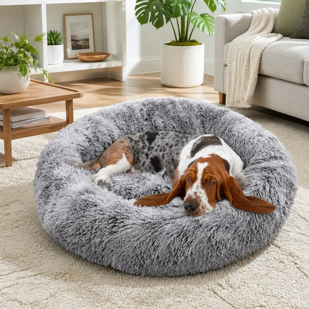 Pet Bed Polyester Extra Large 100cm Round Dark Grey Calming Cave Sleeping Mat Washable Comfy