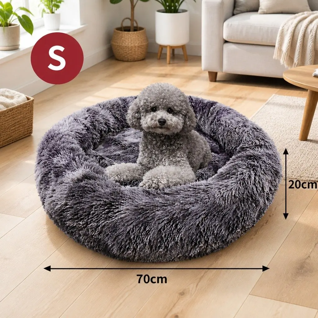 Pet Calming Bed Round Plush Warm Soft Sleeping Nest with Washable Zipper Cover