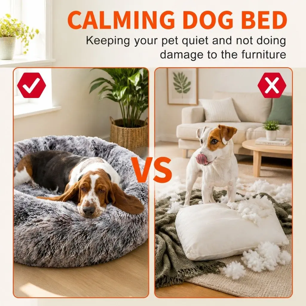 Pet Calming Bed Round Plush Warm Soft Sleeping Nest with Washable Zipper Cover