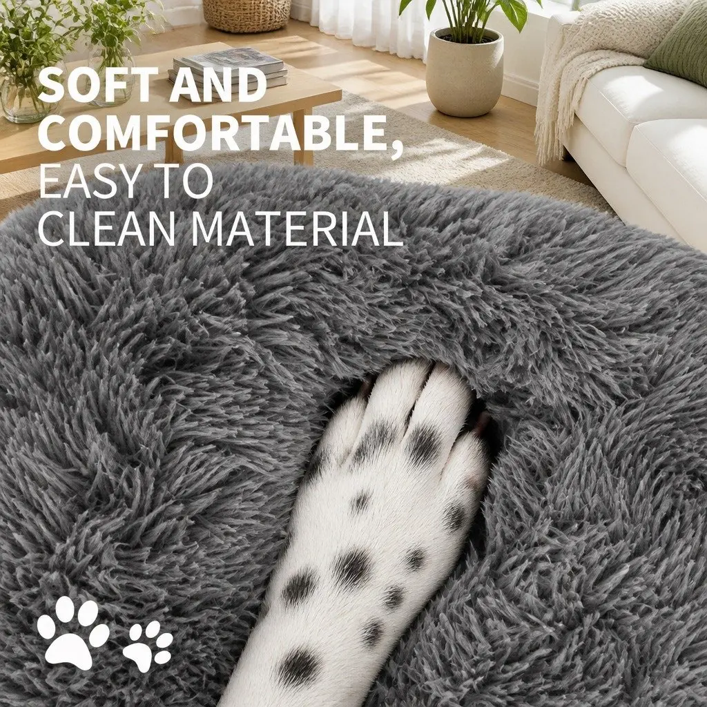 Pet Calming Bed Round Plush Warm Soft Sleeping Nest with Washable Zipper Cover