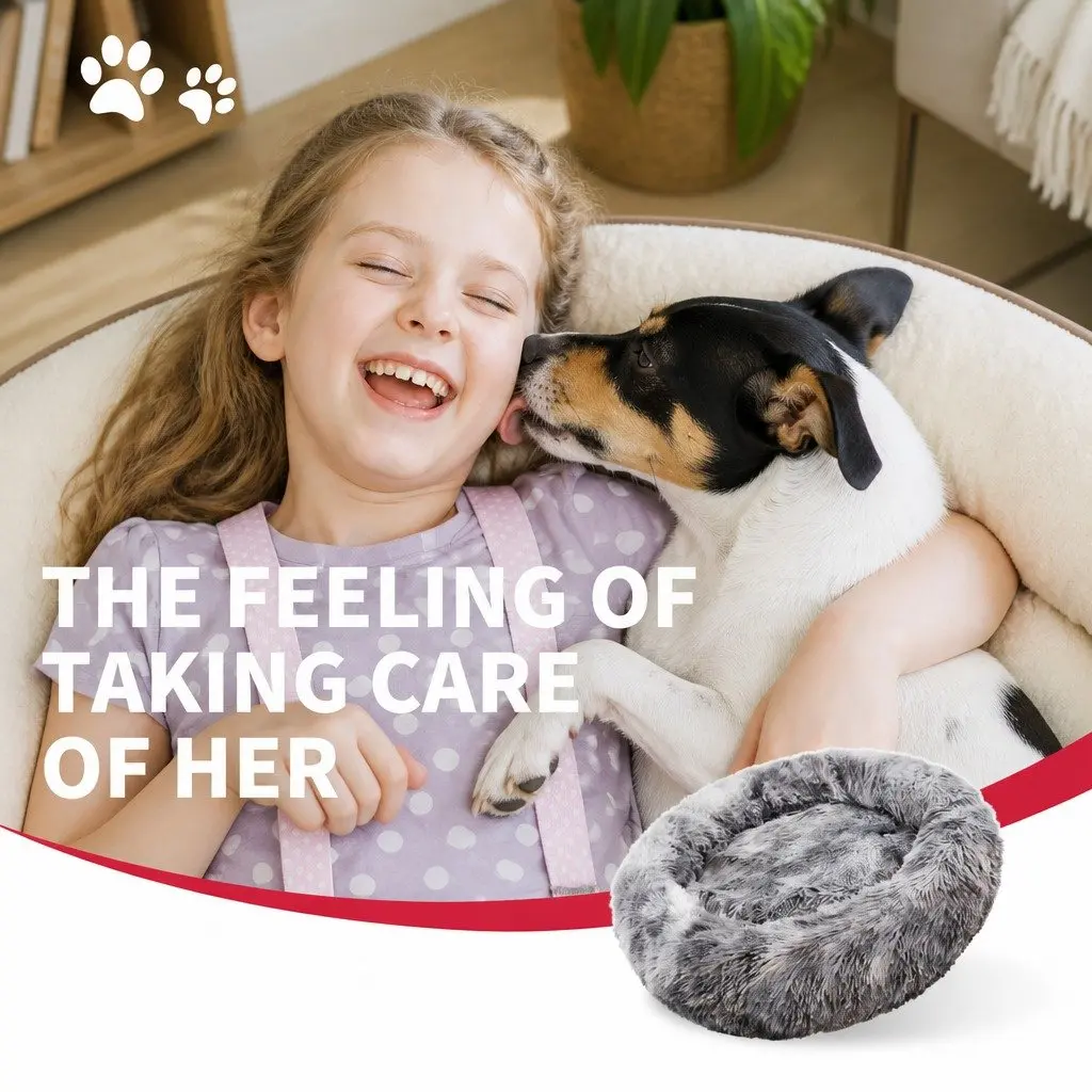 Pet Calming Bed Round Plush Warm Soft Sleeping Nest with Washable Zipper Cover