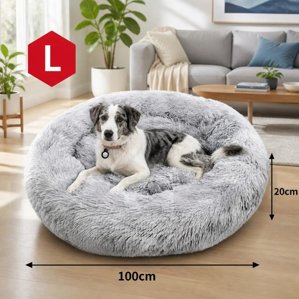 Round Pet Bed Soft Plush Washable Light Gray Polyester 100cm Zipper Cover Non Slip Base