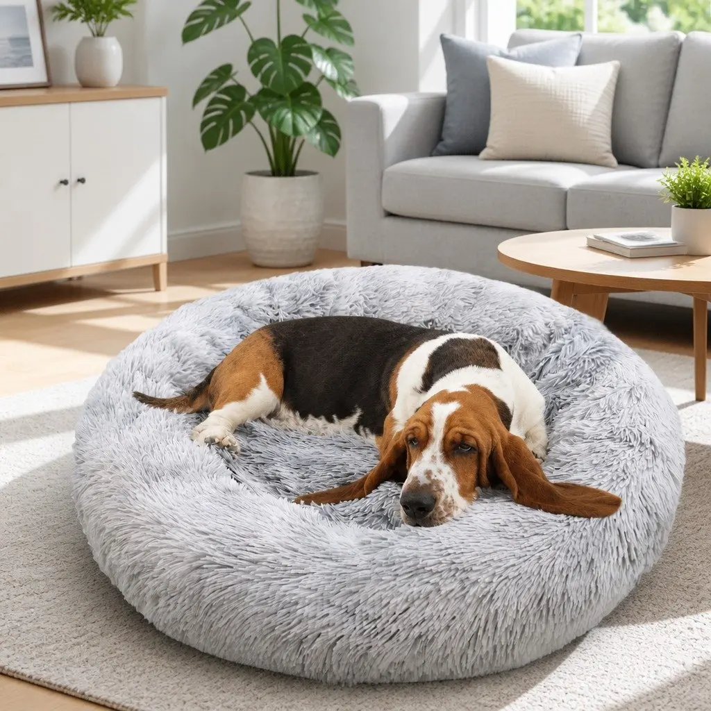Round Pet Bed Soft Plush Washable Light Gray Polyester 100cm Zipper Cover Non Slip Base