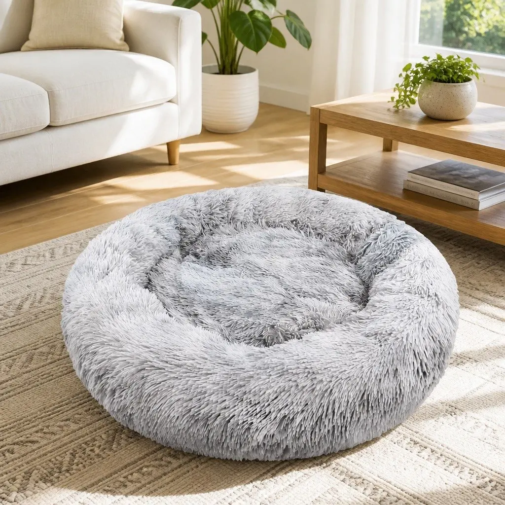 Round Pet Bed Soft Plush Washable Light Gray Polyester 100cm Zipper Cover Non Slip Base
