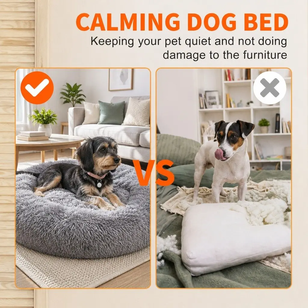 Round Pet Bed Soft Plush Washable Light Gray Polyester 100cm Zipper Cover Non Slip Base
