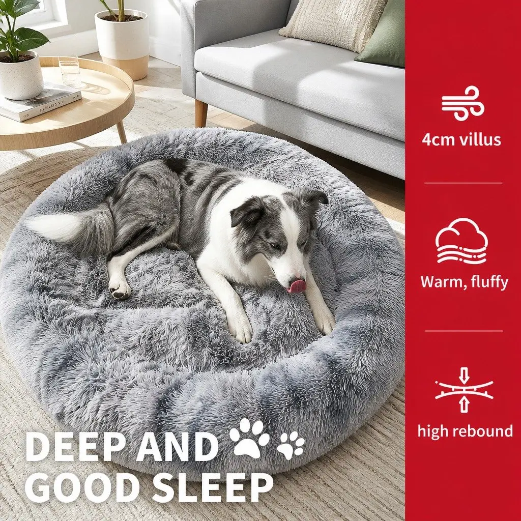 Round Pet Bed Soft Plush Washable Light Gray Polyester 100cm Zipper Cover Non Slip Base