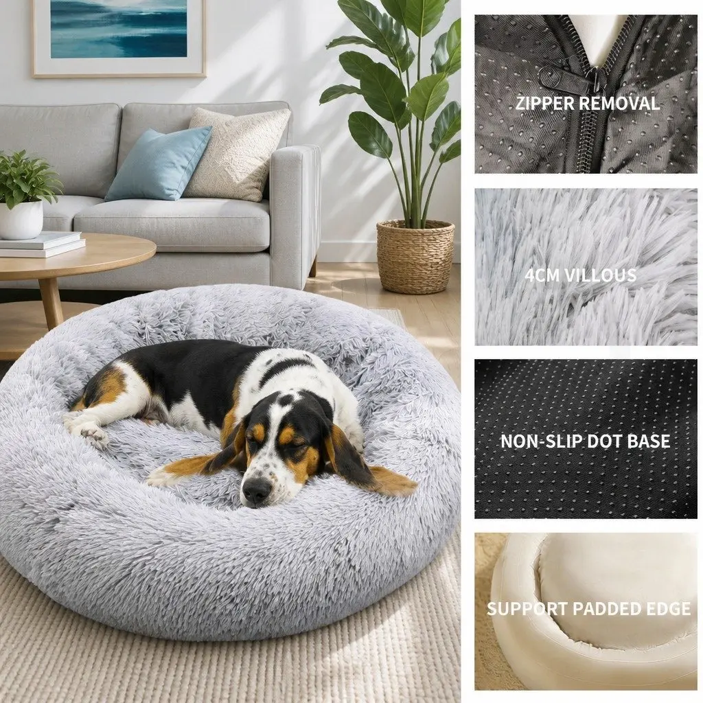 Round Pet Bed Soft Plush Washable Light Gray Polyester 100cm Zipper Cover Non Slip Base