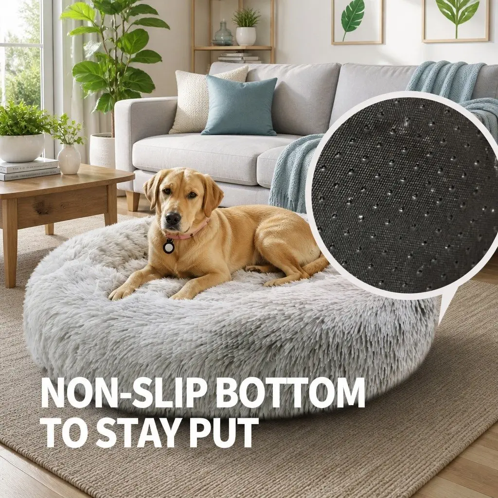 Round Pet Bed Soft Plush Washable Light Gray Polyester 100cm Zipper Cover Non Slip Base