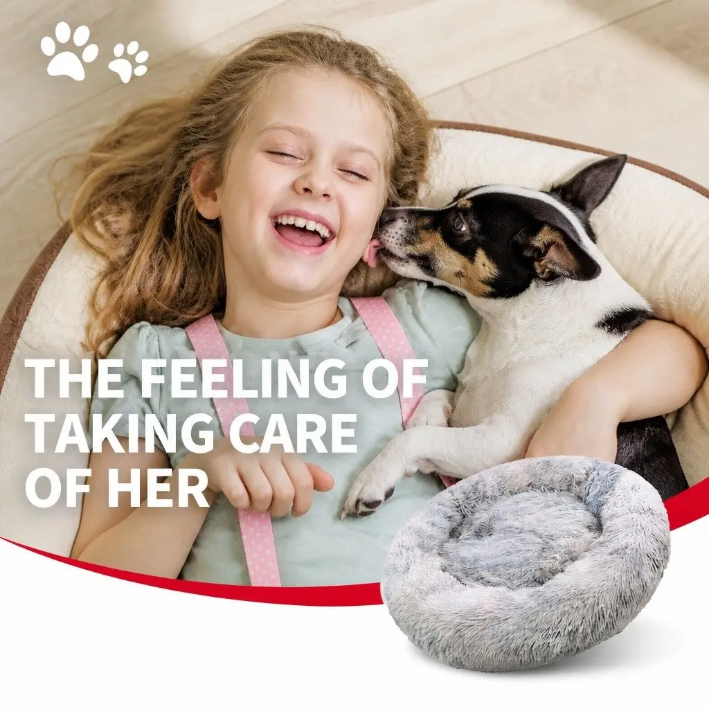 Round Pet Bed Soft Plush Washable Light Gray Polyester 100cm Zipper Cover Non Slip Base