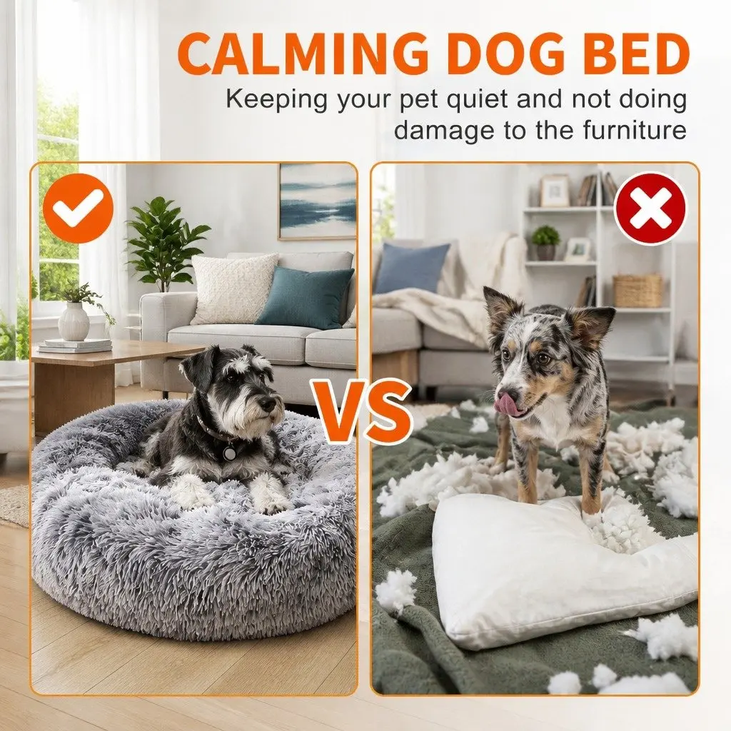 Pet Bed Polyester Round 90cm Light Gray Calming Cushion Mattress Soft Plush Comfy Sleeping Pad