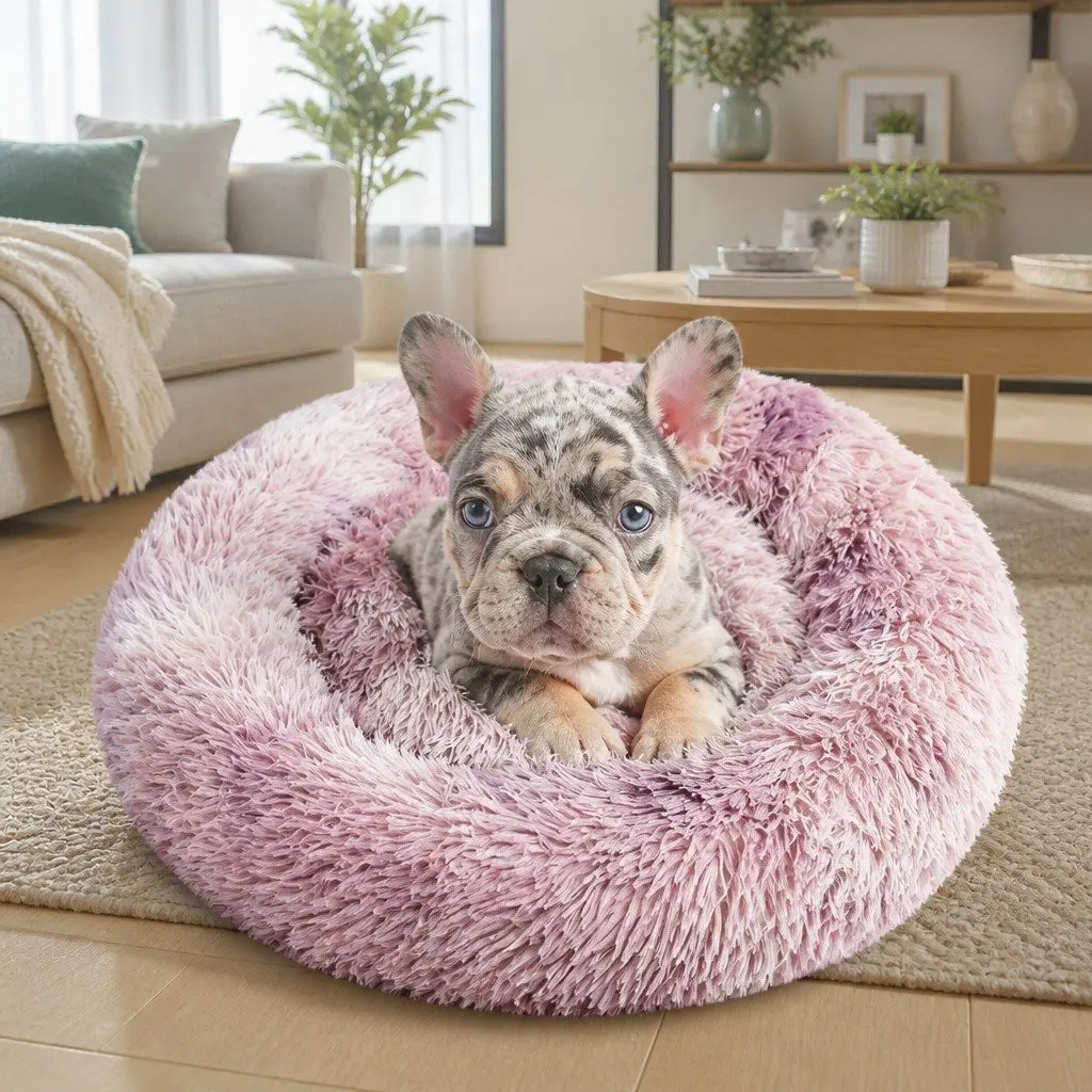 Large Round Plush Bed Soft Polyester Donut Cushion for Dogs and Cats Non-toxic Comfy Lounge Purple