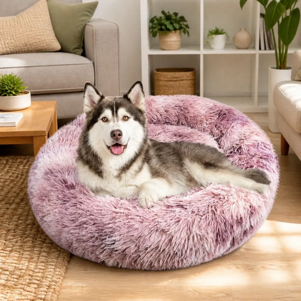 Large Round Plush Bed Soft Polyester Donut Cushion for Dogs and Cats Non-toxic Comfy Lounge Purple
