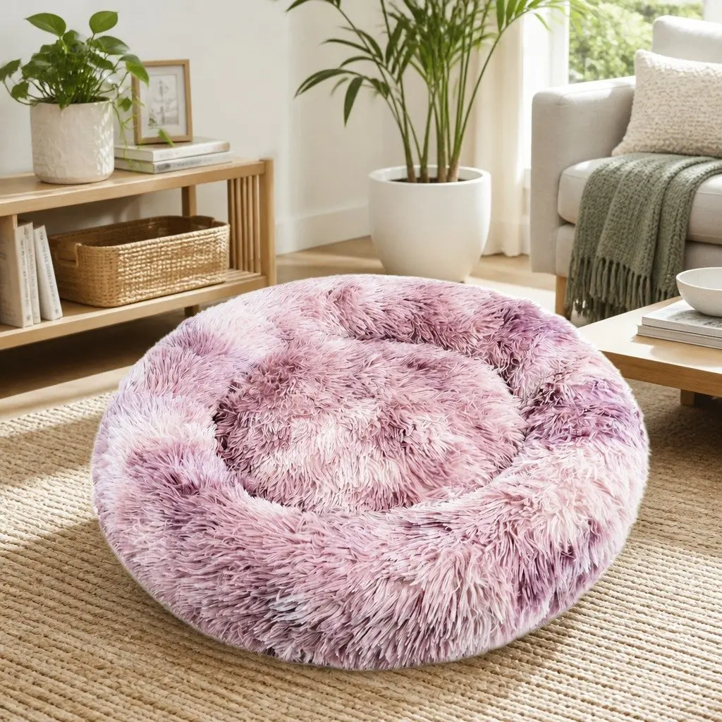 Large Round Plush Bed Soft Polyester Donut Cushion for Dogs and Cats Non-toxic Comfy Lounge Purple