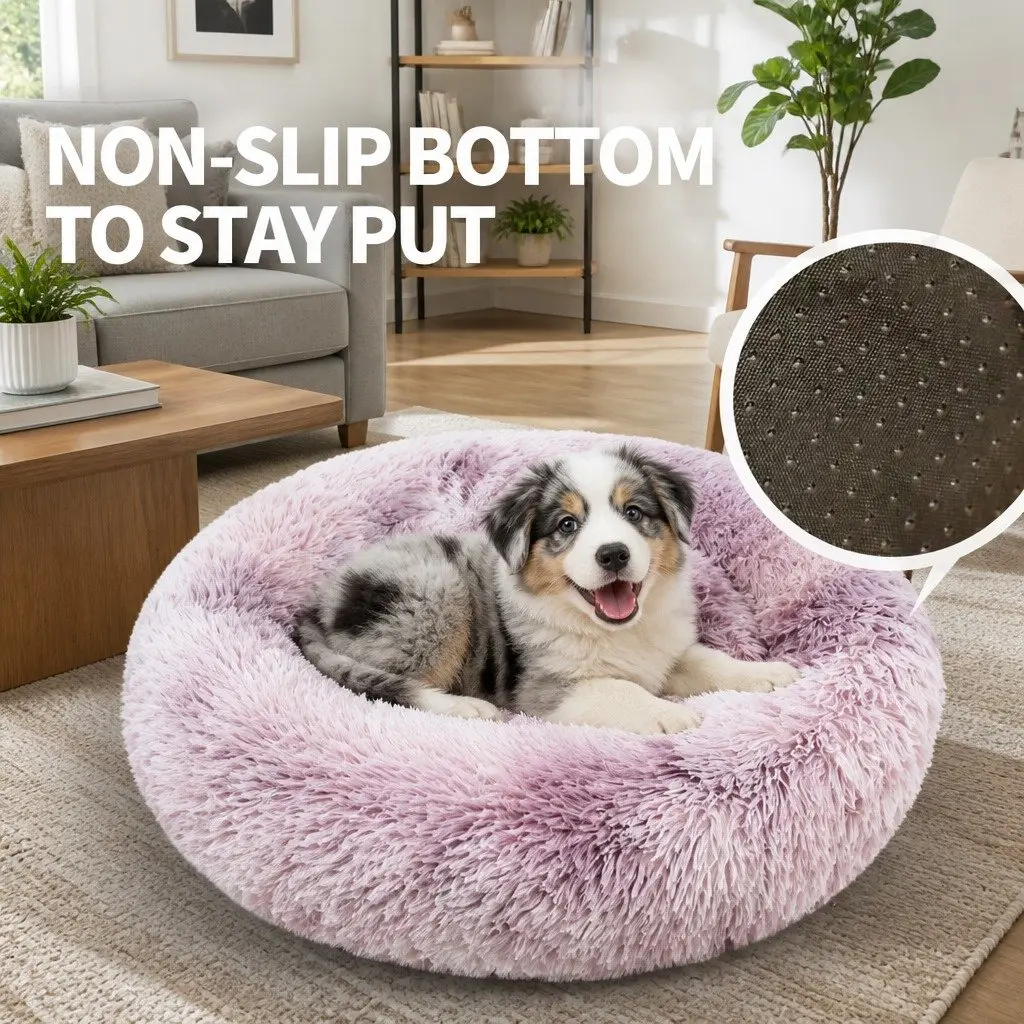 Large Round Plush Bed Soft Polyester Donut Cushion for Dogs and Cats Non-toxic Comfy Lounge Purple