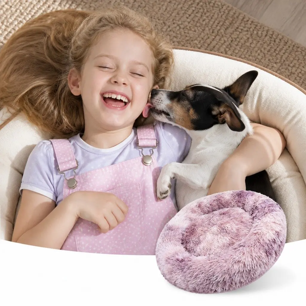 Large Round Plush Bed Soft Polyester Donut Cushion for Dogs and Cats Non-toxic Comfy Lounge Purple