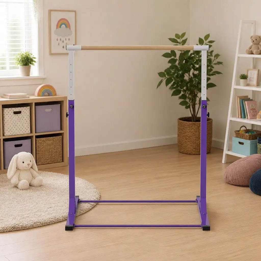 Kids Gymnastics Bar Adjustable Height Indoor Outdoor Training Purple Steel Tube Beech Wood 103 to 158cm