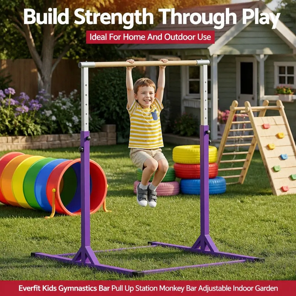 Kids Gymnastics Bar Adjustable Height Indoor Outdoor Training Purple Steel Tube Beech Wood 103 to 158cm