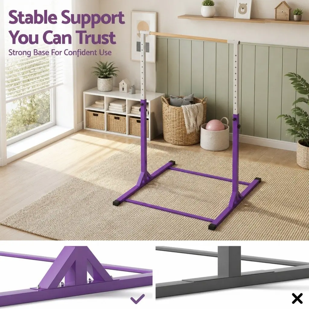 Kids Gymnastics Bar Adjustable Height Indoor Outdoor Training Purple Steel Tube Beech Wood 103 to 158cm