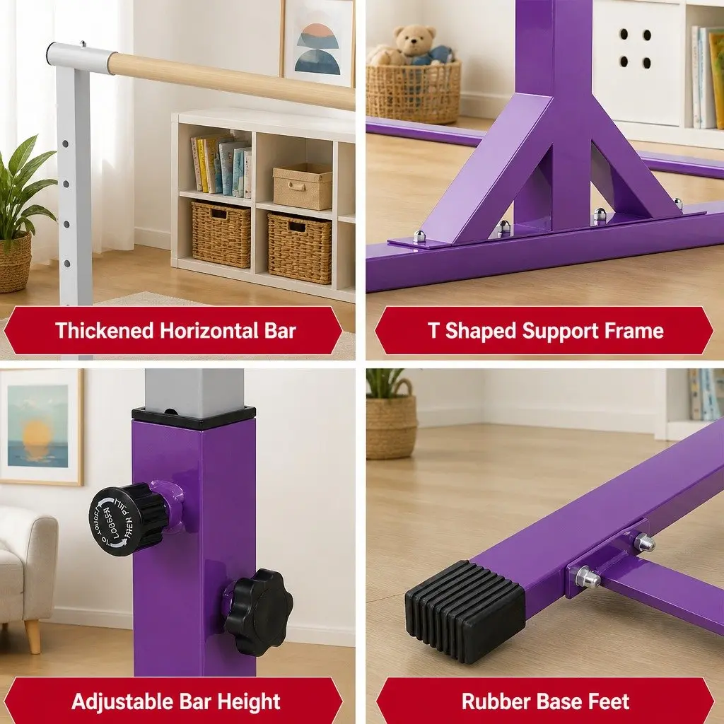 Kids Gymnastics Bar Adjustable Height Indoor Outdoor Training Purple Steel Tube Beech Wood 103 to 158cm
