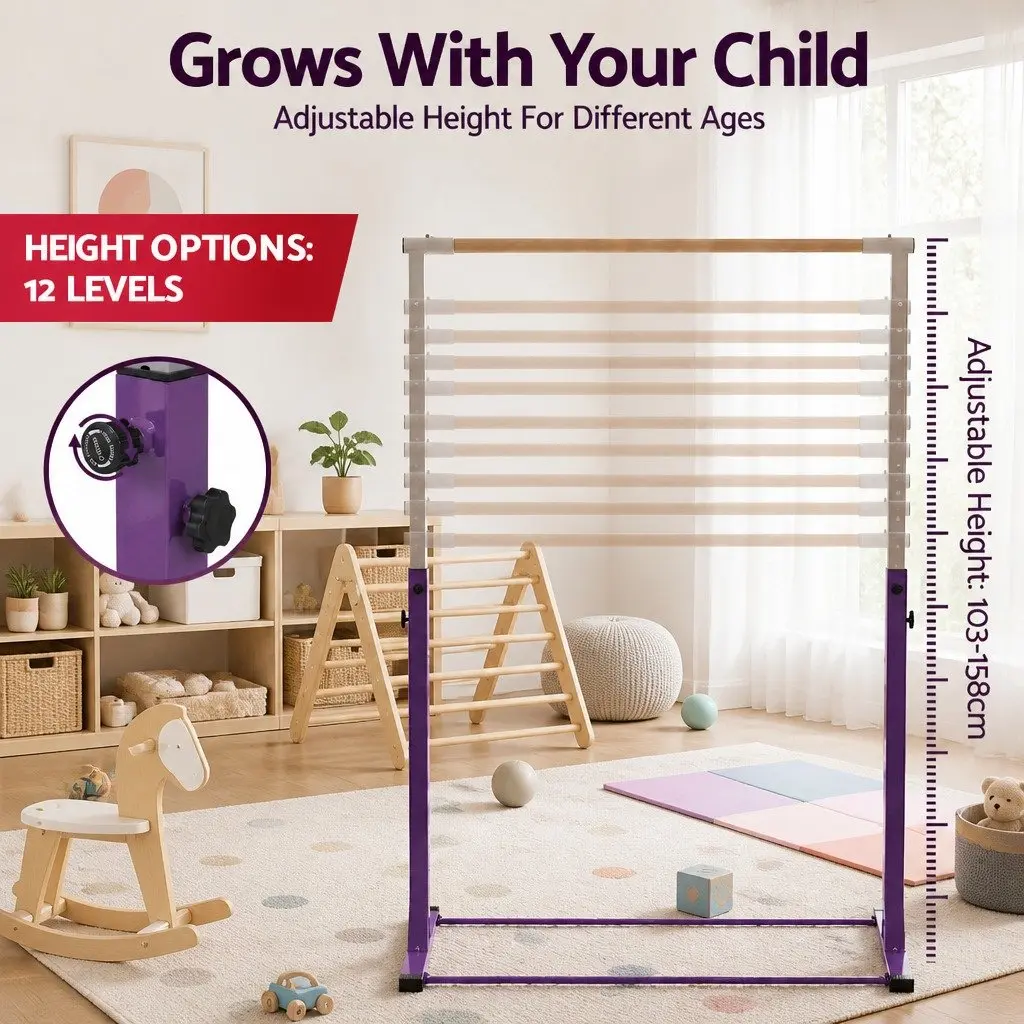Kids Gymnastics Bar Adjustable Height Indoor Outdoor Training Purple Steel Tube Beech Wood 103 to 158cm