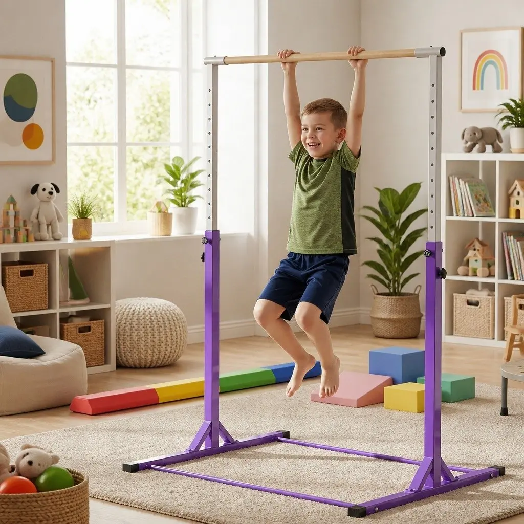 Kids Gymnastics Bar Adjustable Height Indoor Outdoor Training Purple Steel Tube Beech Wood 103 to 158cm