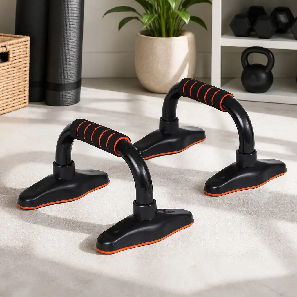 Push Up Bars Stands Ergonomic High-Density Foam Orange and Black Compact Heavy-Duty Construction